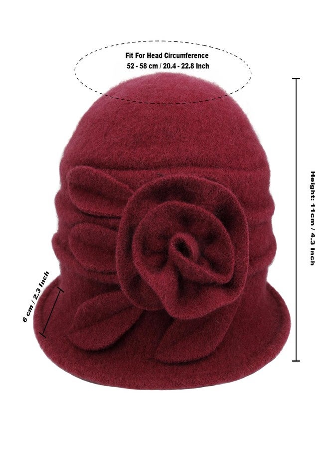 Sydbecs Wool Cloche Hat for Women Winter Bucket Hat 1920s Vintage Floral Fedoras Hat(Red) - Image 2